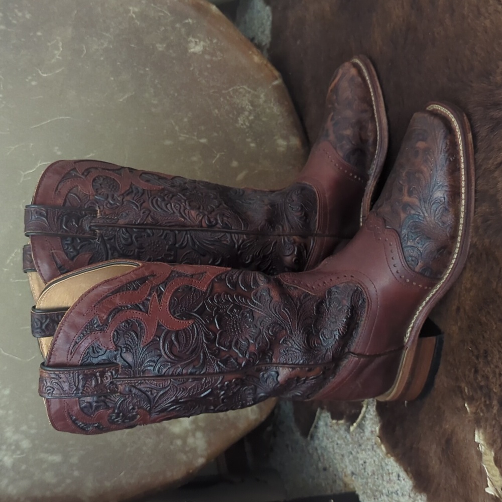 BOULET ladies hand tooled chestnut leather square toe cowboy western boots sz7.5